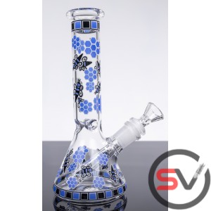 BEES GLASS BEAKER With ICE CATCHER 8inch (GLOW IN DARK) - BLUE